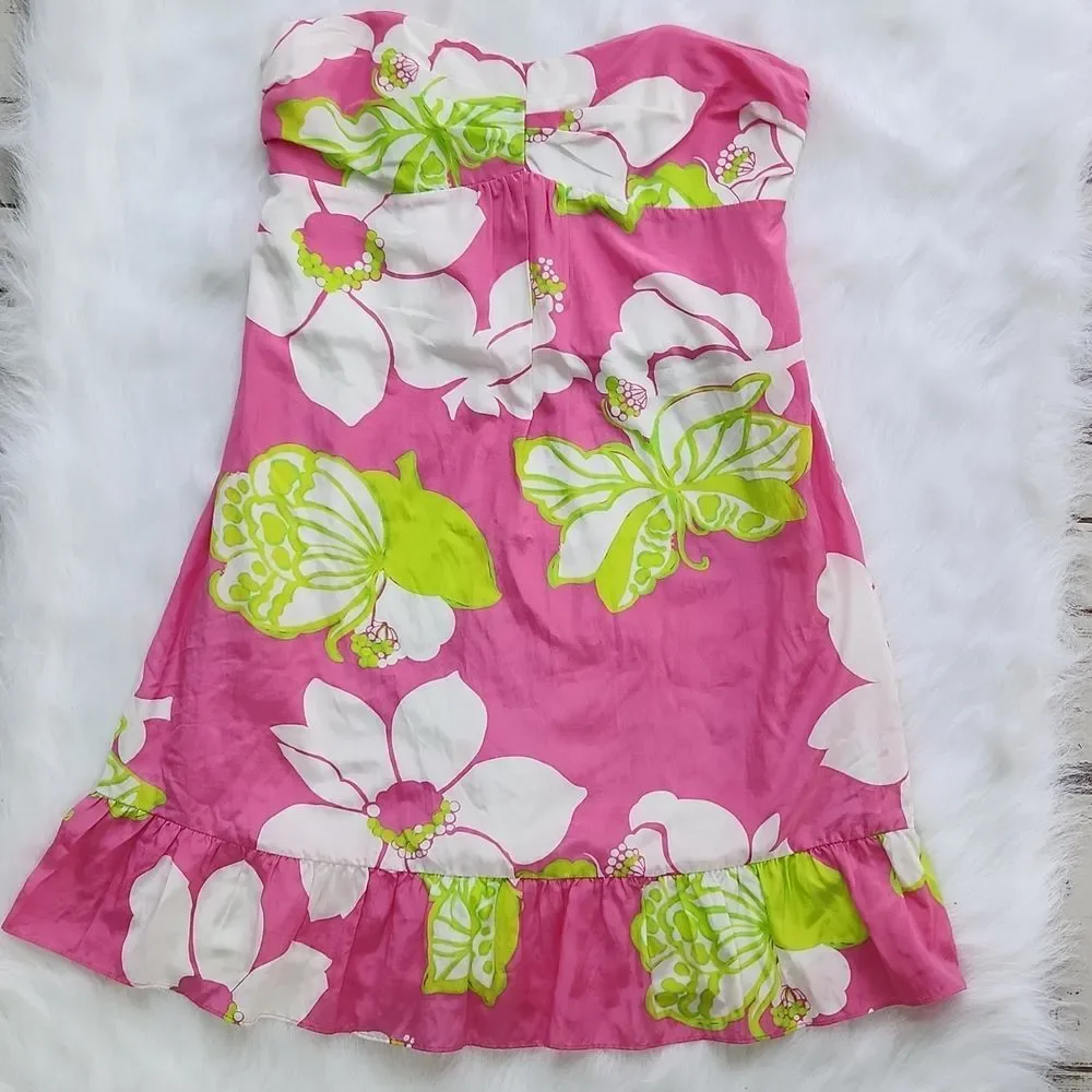 Lilly Pulitzer Blair Silk Dress strapless Ruffle hem‎ in Hot Pink size 6 Small - Picture 5 of 12